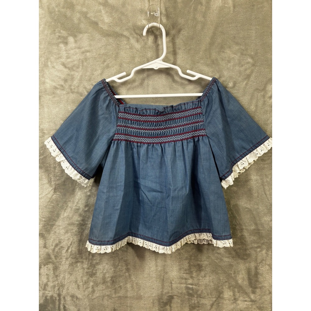 Vintage ILGWU Kids Blue Smocked Peasant Top Eyelet Lace Trim Size 7 Made in USA